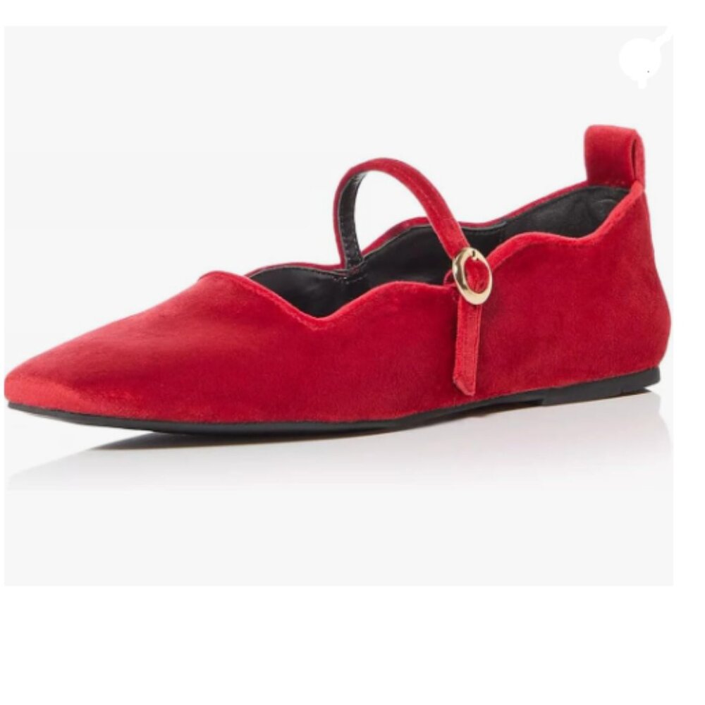 miss left Red Square Toe Mary Jane Wavy Edge Strap Buckle Ballet Flat Prom Shoes